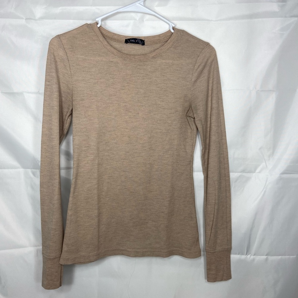 Level Up women’s tan waffle knit textured long‎ sleeve Crewcut shirt stretch S